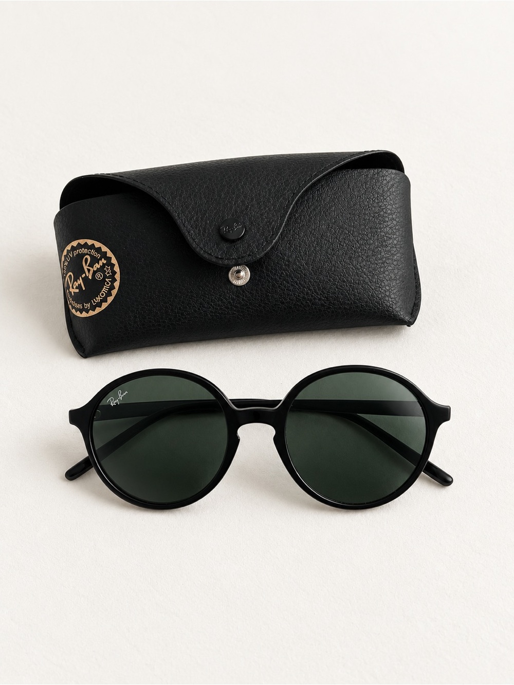 Ray-Ban Black Round Phantos Sunglasses Green Lenses + Case